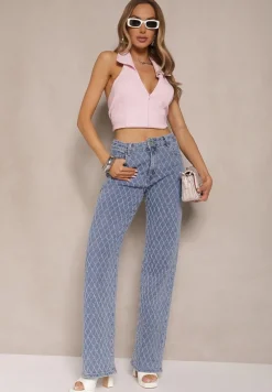 Niebieskie Jeansy z Bawełny High Waist o Szerokim Kroju w Romby Tuvielle