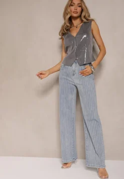 Niebieskie Jeansy z Bawełny o Szerokim Kroju High Waist z Cyrkoniami Polmoi