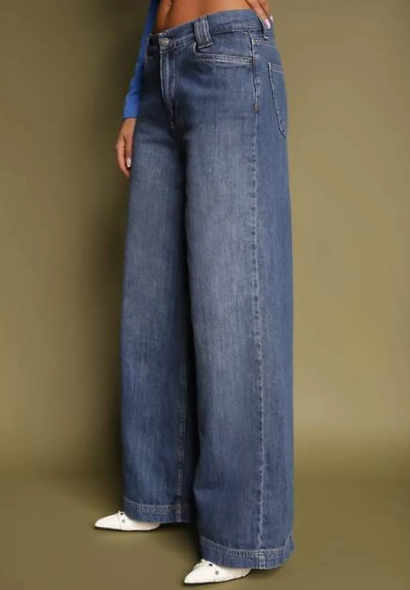 Niebieskie Jeansy z Bawełny o Szerokim Kroju High Waist Reanielis