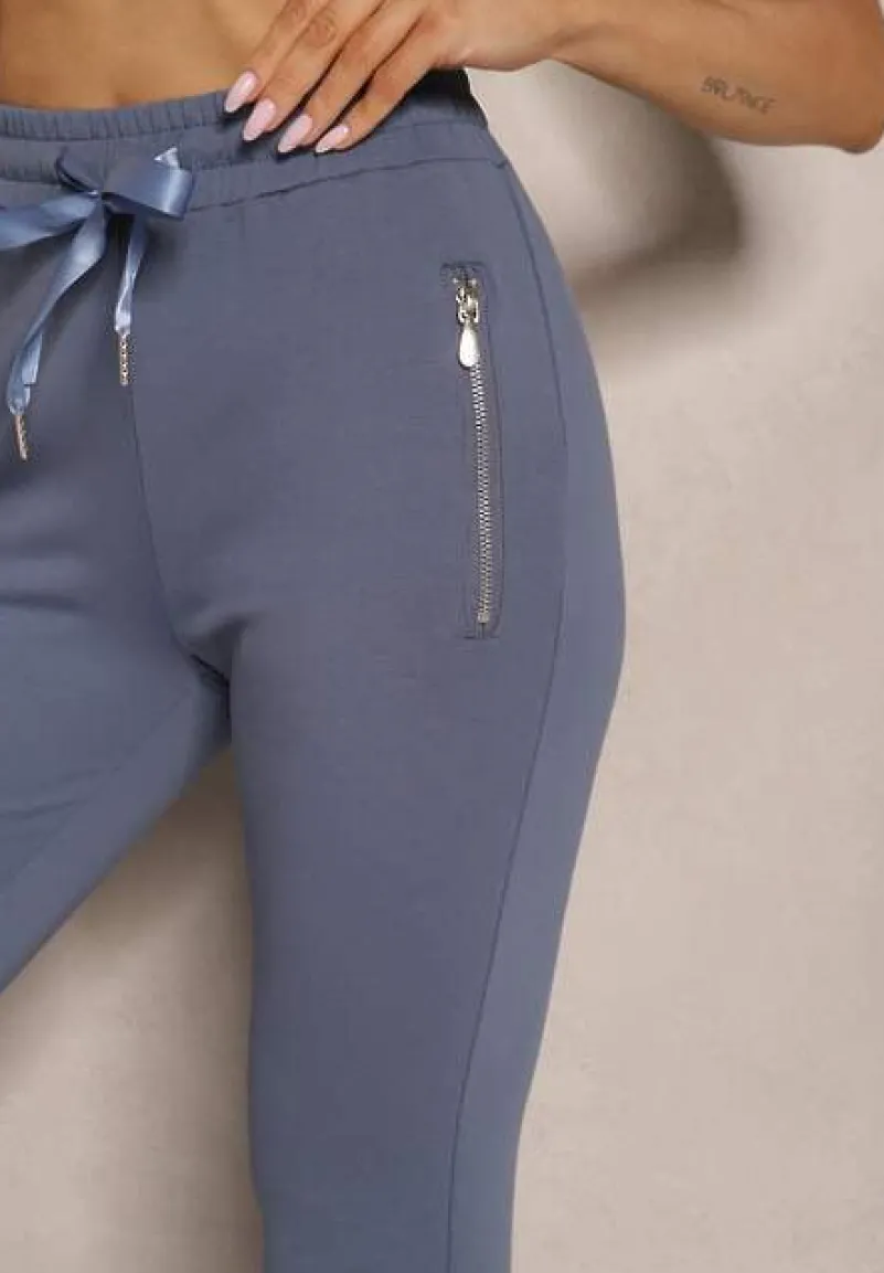 Niebieskie Spodnie Dresowe z Bawełny o Kroju Jogger High Waist Cherisa