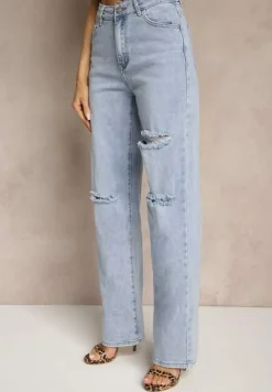 Niebieskie Szerokie Jeansy High Waist z Ozdobnymi Przetarciami Feleldi