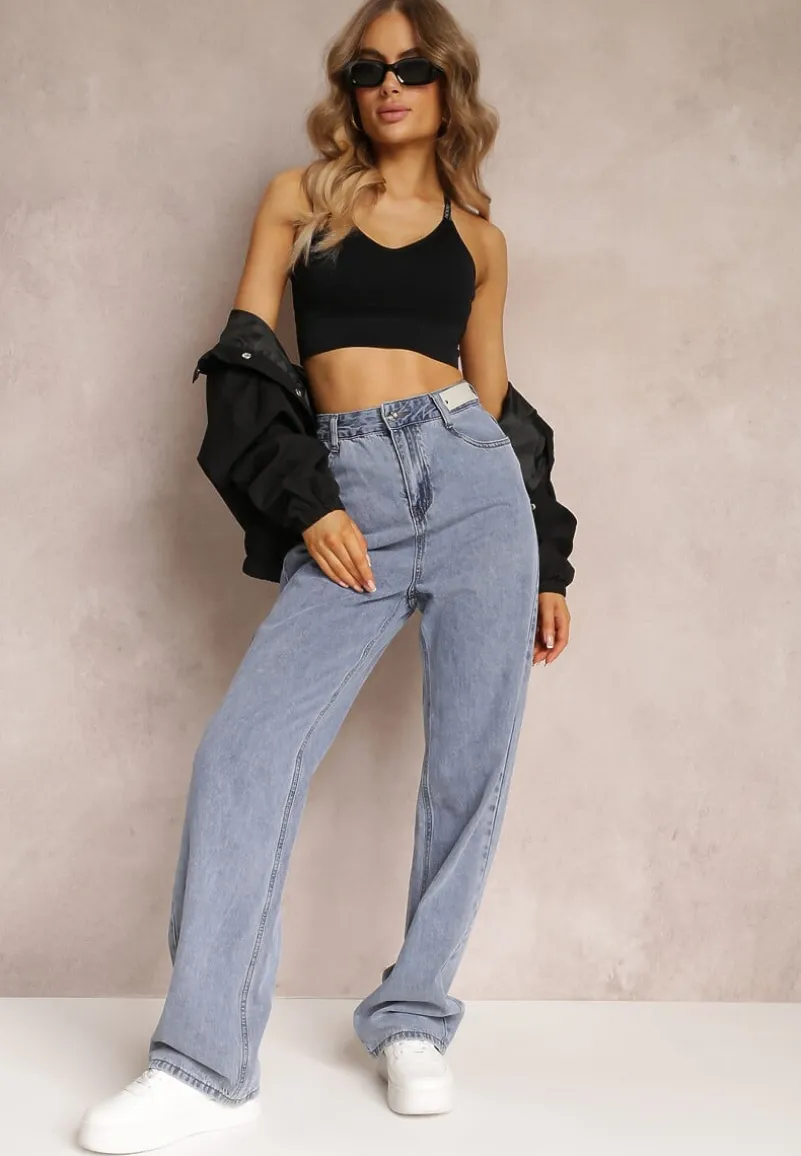 Niebieskie Szerokie Jeansy High Waist Onte