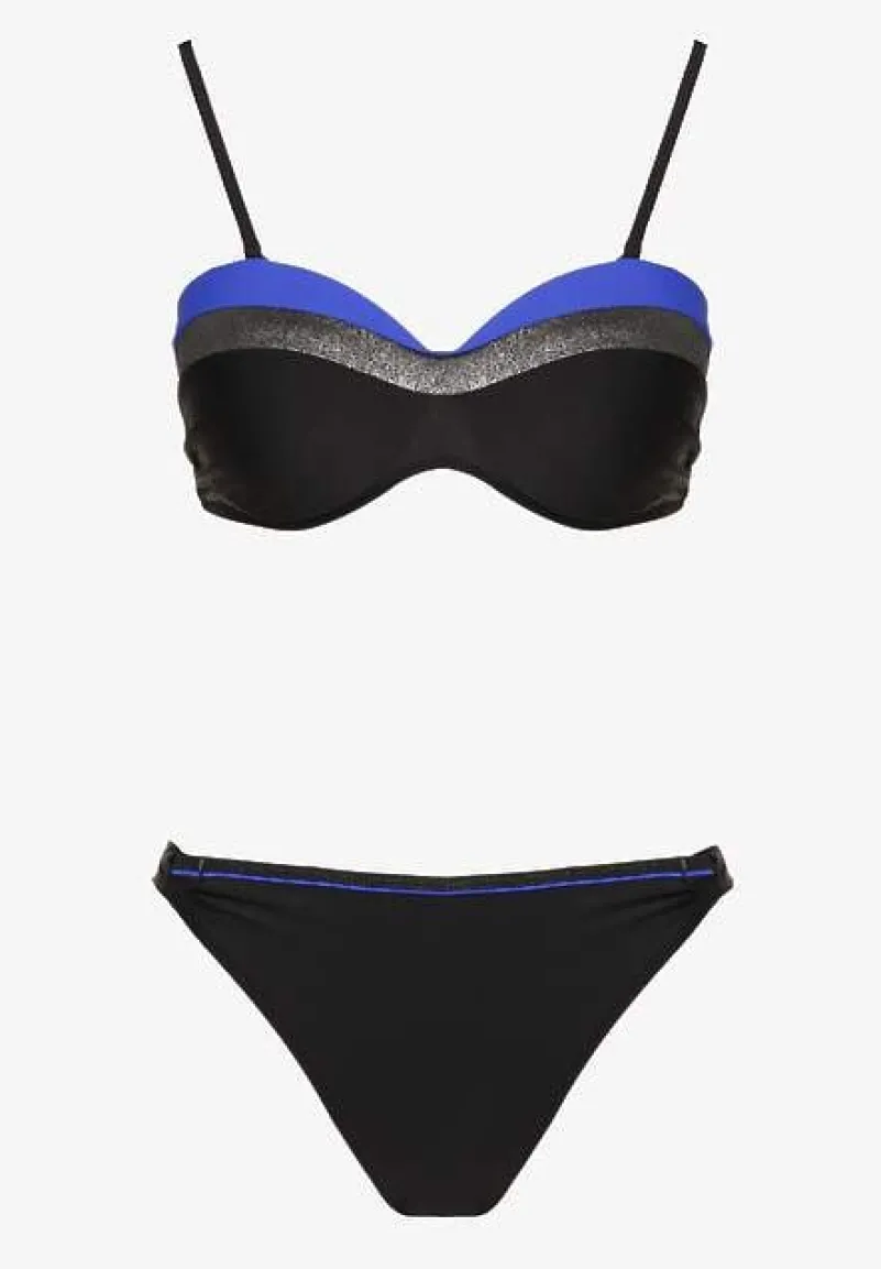 Niebiesko-Czarne Bikini z Metaliczną Nicią Usztywniany Biustonosz i Figi Mitelle