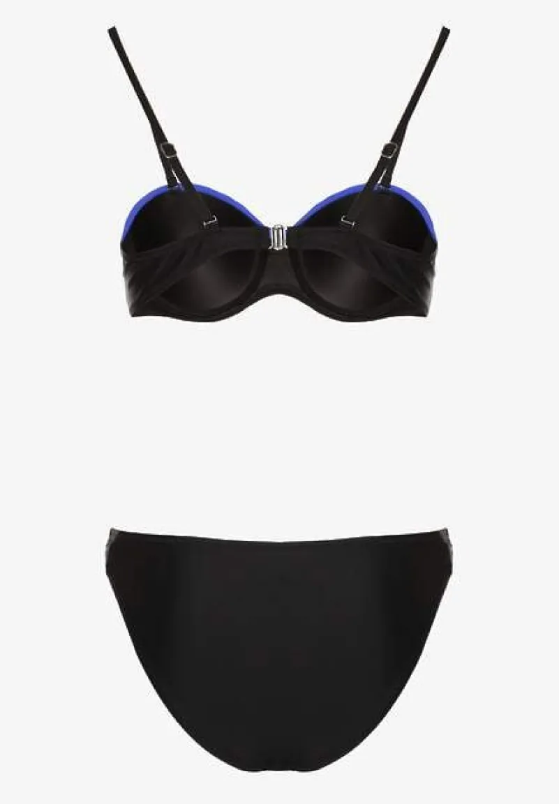 Niebiesko-Czarne Bikini z Metaliczną Nicią Usztywniany Biustonosz i Figi Mitelle