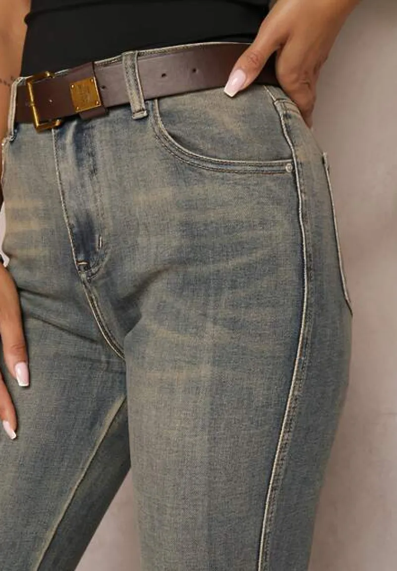 Niebiesko-Szare Jeansy High Waist z Bawełny z Efektem Postarzenia i Modnym Paskiem Rilelle