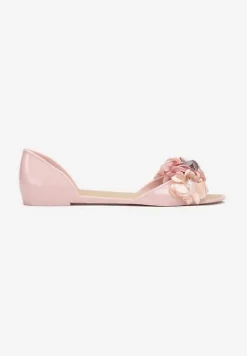 Różowe Balerinki Meliski Peep Toe z Kwiatową Aplikacją Idalina
