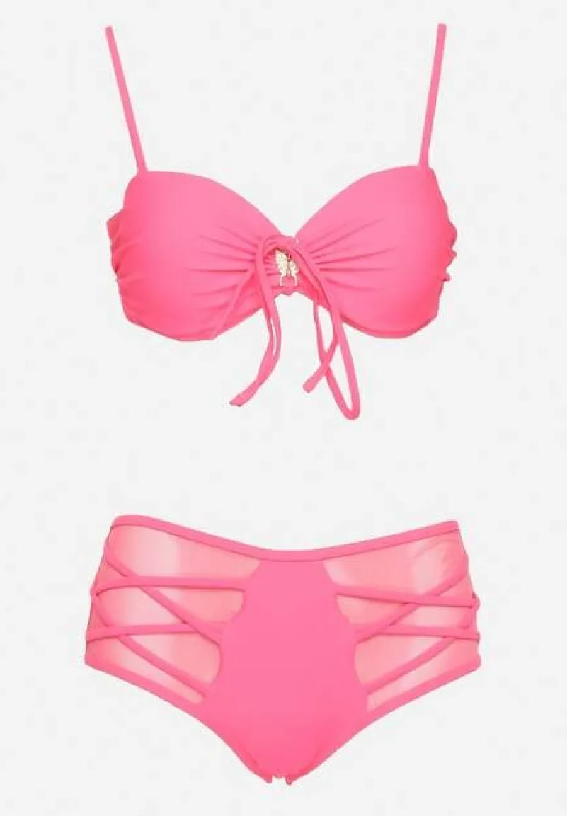Różowe Bikini Biustonosz i Majtki Figi High Waist z Siateczkowymi Zdobieniami Kinovia