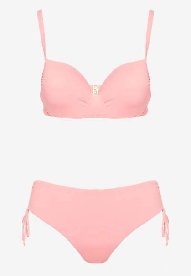 Różowe Bikini Biustonosz z Usztywnianymi Miseczkami Majtki Figi Ozdobione Troczkami Tamarie
