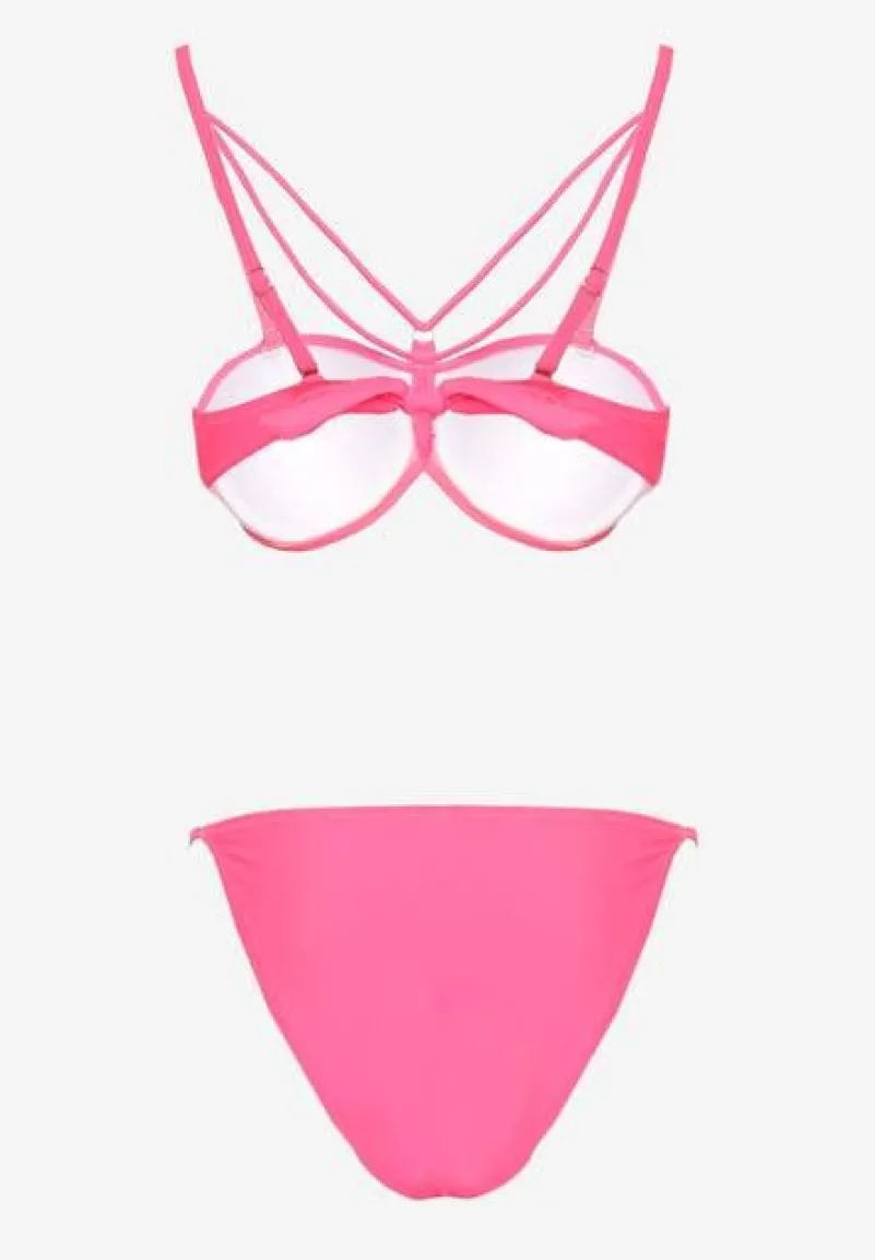 Różowe Bikini Majtki Typu Figi i Biustonosz z Ozdobnymi Paskami Fadelinna