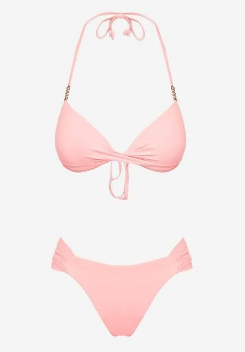 Różowe Bikini Wiązany Biustonosz Push Up i Majtki Typu Figi Mirisenia