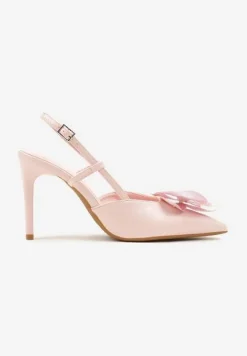 Różowe Sandały na Szpilce Vices Slingback z Kwiatem 3D Koviano