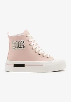 Różowe Trampki na Platformie z Wysoką Cholewką i Naszywką Nurissea