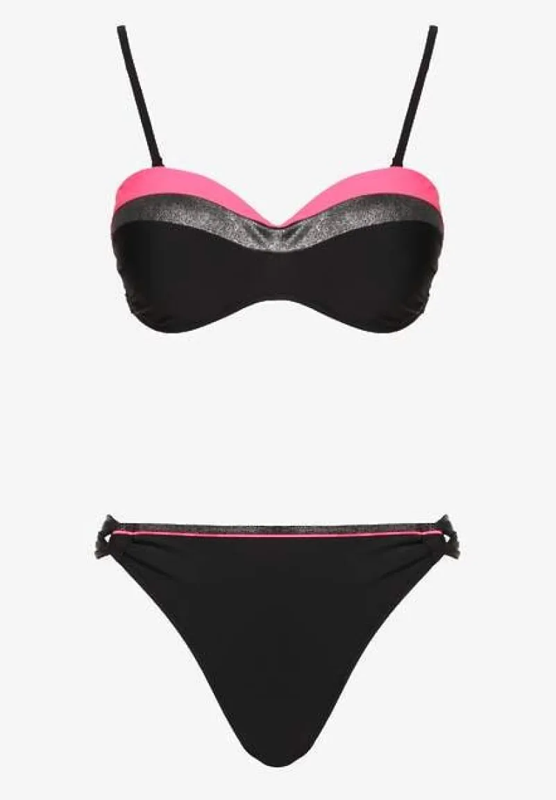 Różowo-Czarne Bikini z Metaliczną Nicią Usztywniany Biustonosz i Figi Mitelle