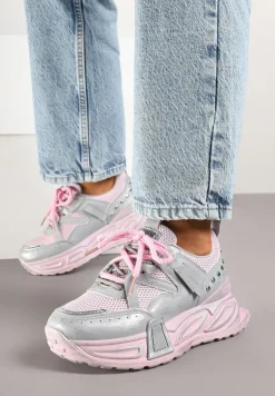 Różowo-Szare Sneakersy na Platformie z Ozdobnym Tłoczeniem Lurine