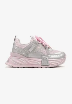 Różowo-Szare Sneakersy na Platformie z Ozdobnym Tłoczeniem Lurine
