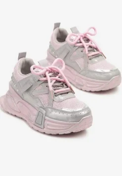 Różowo-Szare Sneakersy na Platformie z Ozdobnym Tłoczeniem Lurine