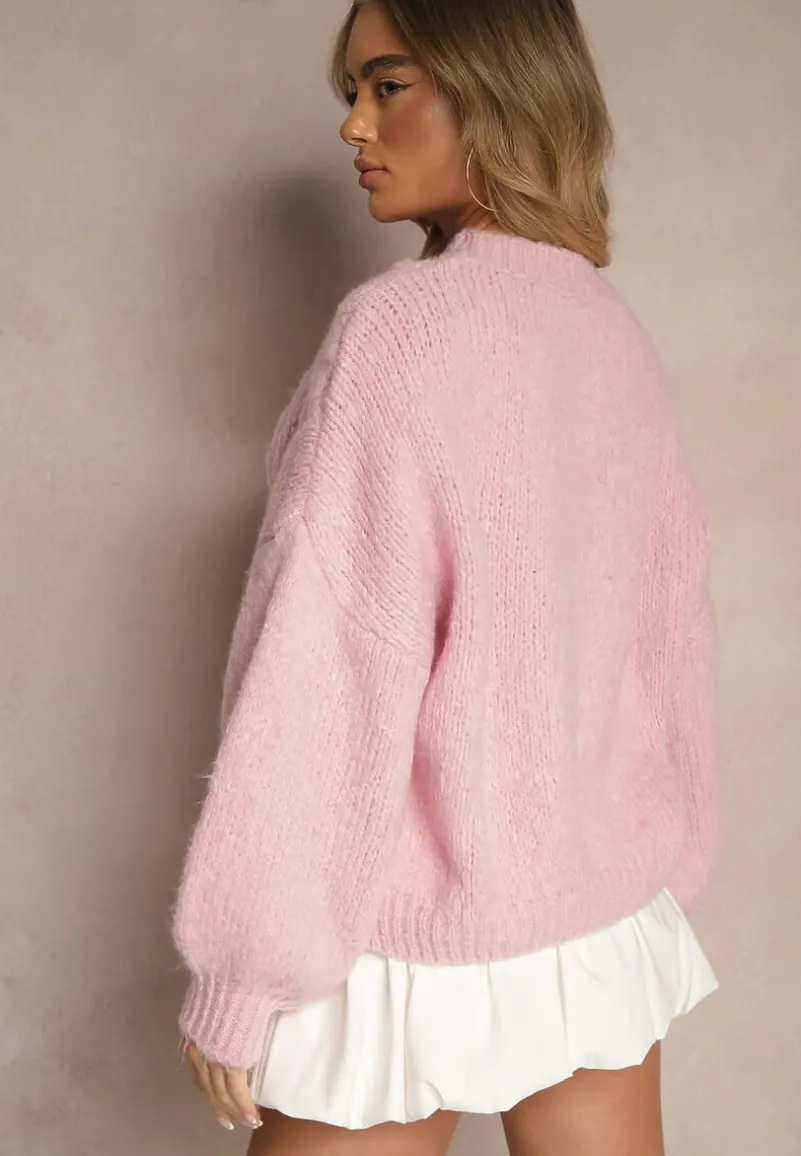 Różowy Sweter z Wełną o Eleganckim Warkoczowym Splotem Makkaria