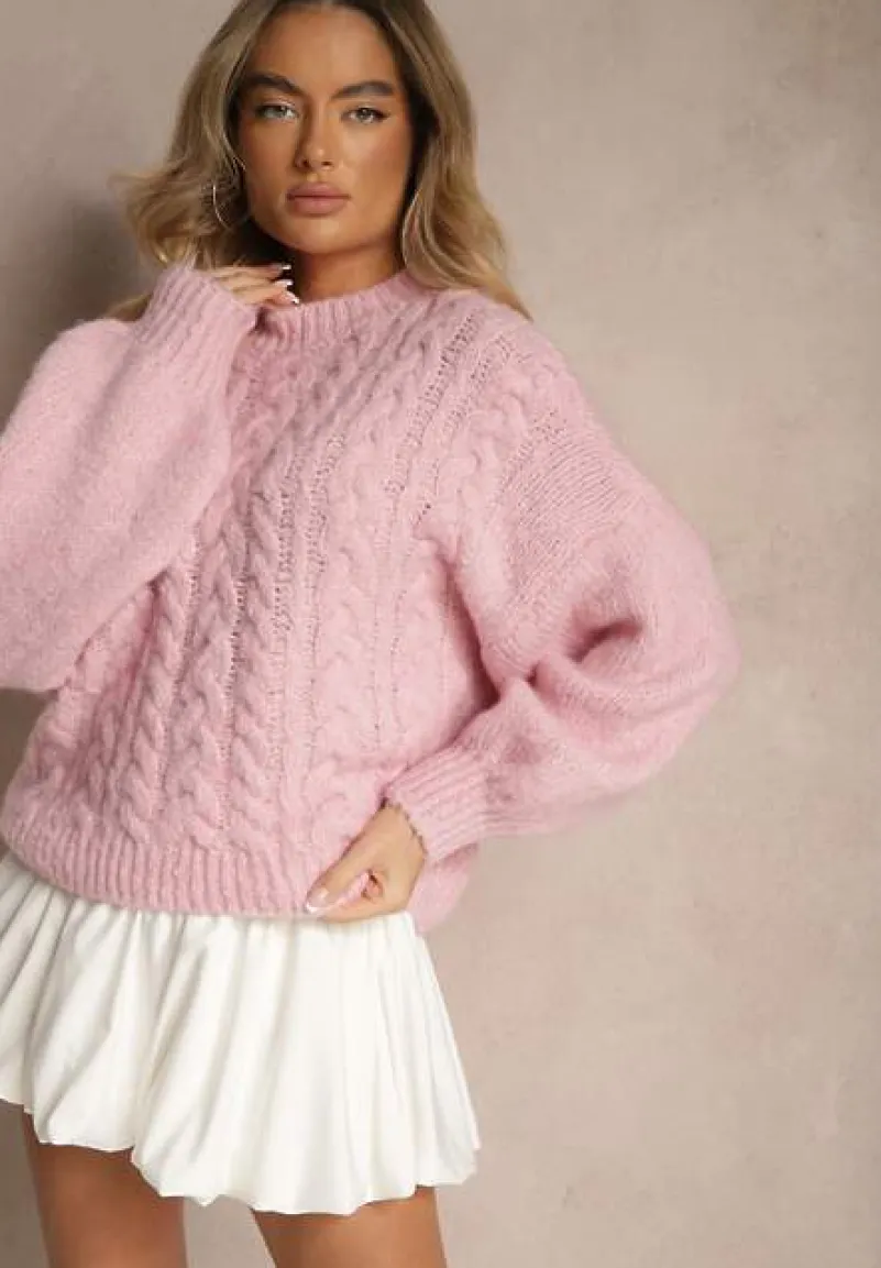 Różowy Sweter z Wełną o Eleganckim Warkoczowym Splotem Makkaria