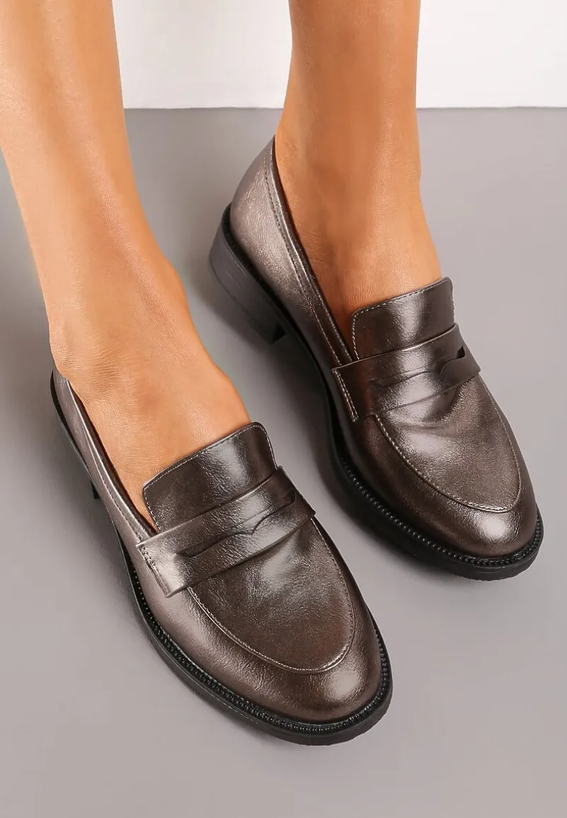 Srebrne Mokasyny w Stylu Loafersów z Wkładką ze Skóry Naturalnej Tykolina