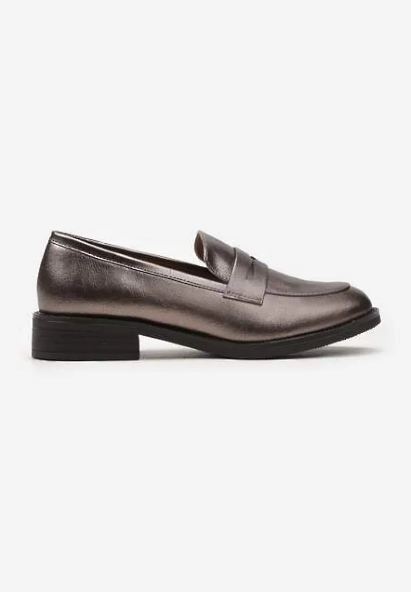 Srebrne Mokasyny w Stylu Loafersów z Wkładką ze Skóry Naturalnej Tykolina