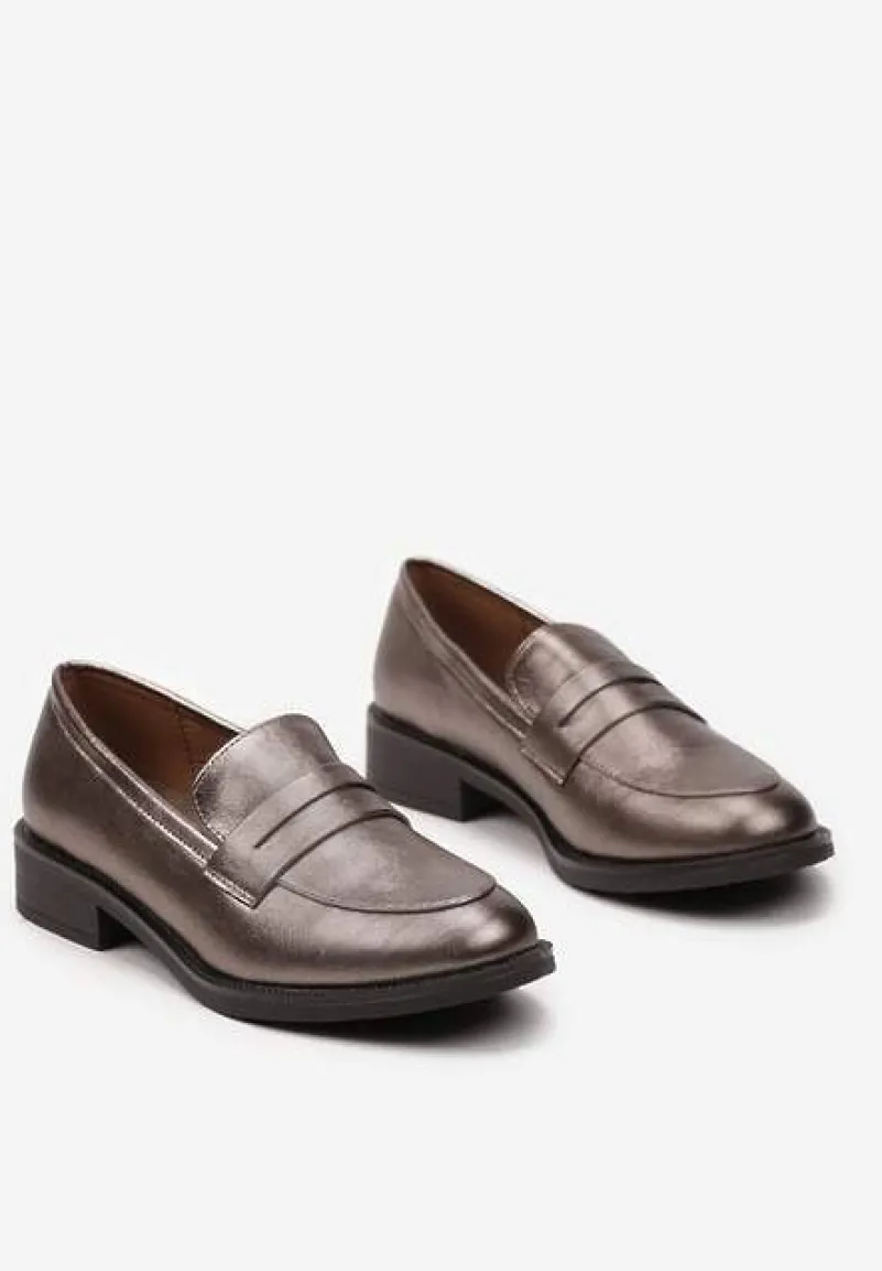 Srebrne Mokasyny w Stylu Loafersów z Wkładką ze Skóry Naturalnej Tykolina