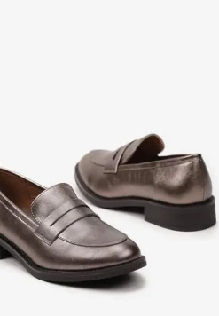 Srebrne Mokasyny w Stylu Loafersów z Wkładką ze Skóry Naturalnej Tykolina