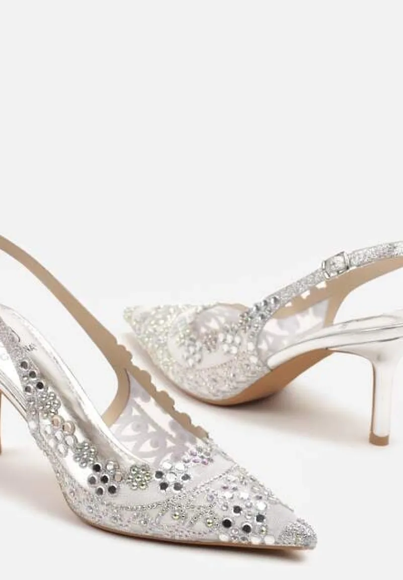 Srebrne Sandały Slingback na Szpilce Zdobione Cyrkoniami Korioliana