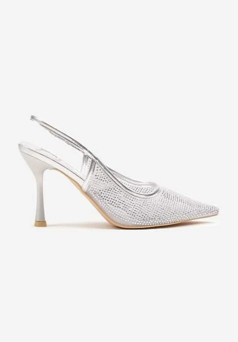 Srebrne Sandały Szpilki Slingback z Noskiem w Szpic Zdobione Cyrkoniami Zenvia
