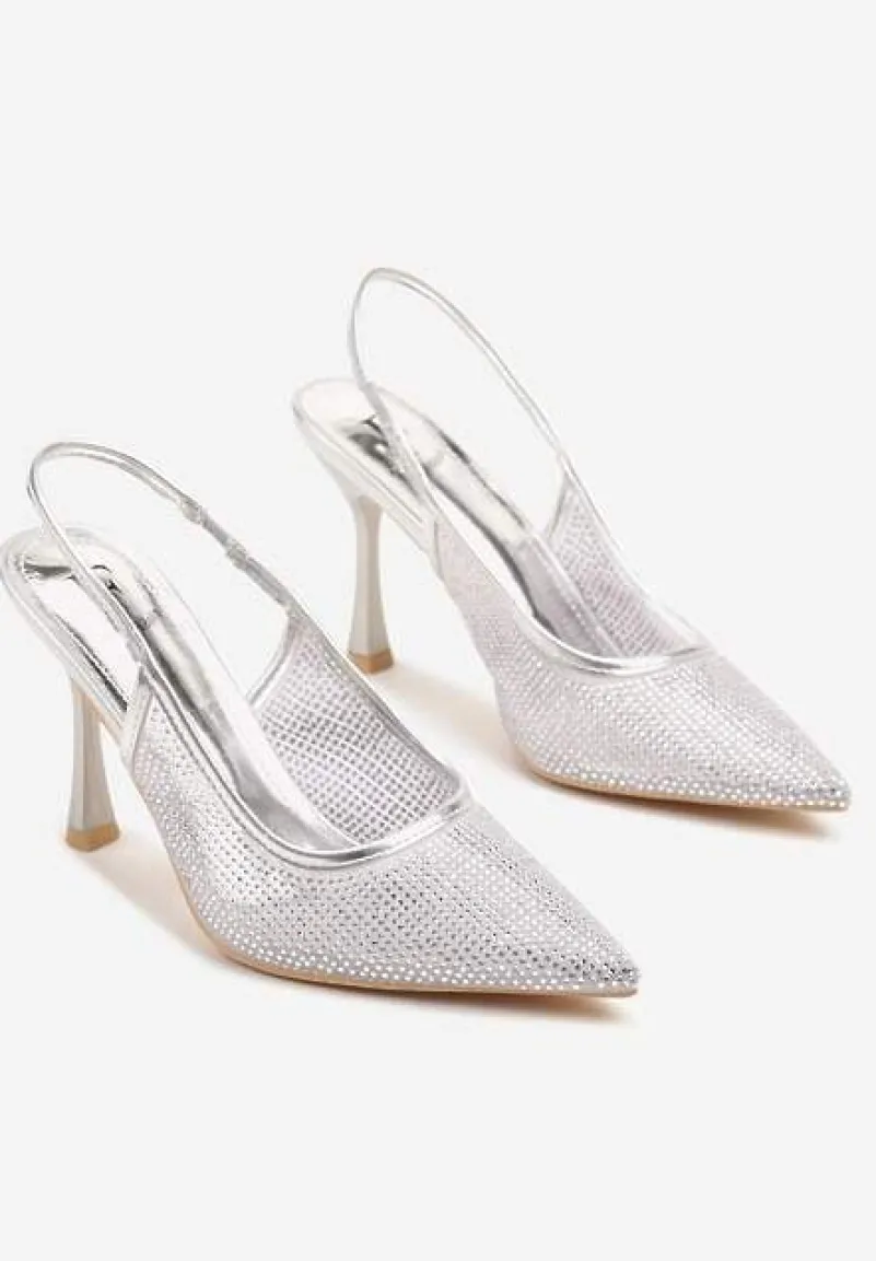 Srebrne Sandały Szpilki Slingback z Noskiem w Szpic Zdobione Cyrkoniami Zenvia