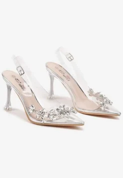 Srebrne Transparentne Sandały Szpilki Slingback Ozdobione Cyrkoniami Avelsemi