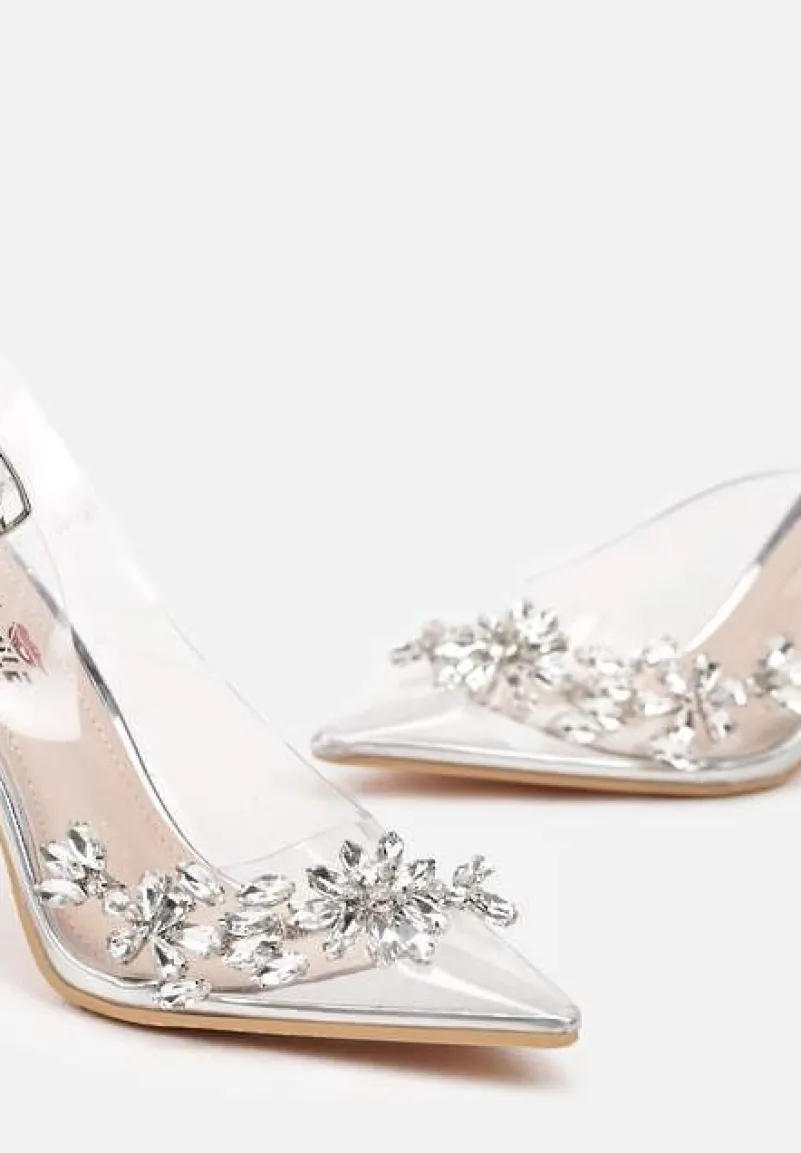 Srebrne Transparentne Sandały Szpilki Slingback Ozdobione Cyrkoniami Avelsemi