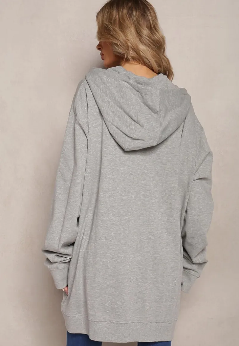 Szara Bluza Oversize z Kapturem i Zapięciem na Suwak Bilende