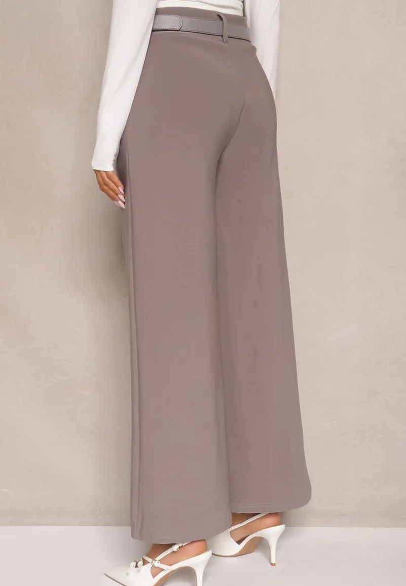 Szare Garniturowe Spodnie High Waist z Gumką i Dodatkowym Paskiem w Talii Mattine