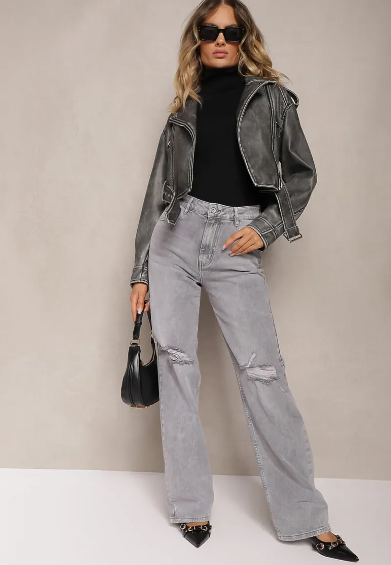 Szare Jeansy z Bawełny High Waist z Szerokimi Nogawkami i Dziurami Naviseo