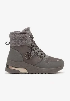 Szare Sneakersy na Koturnie za Kostkę z Metaliczną Ozdobą i Suwakiem Sinelara