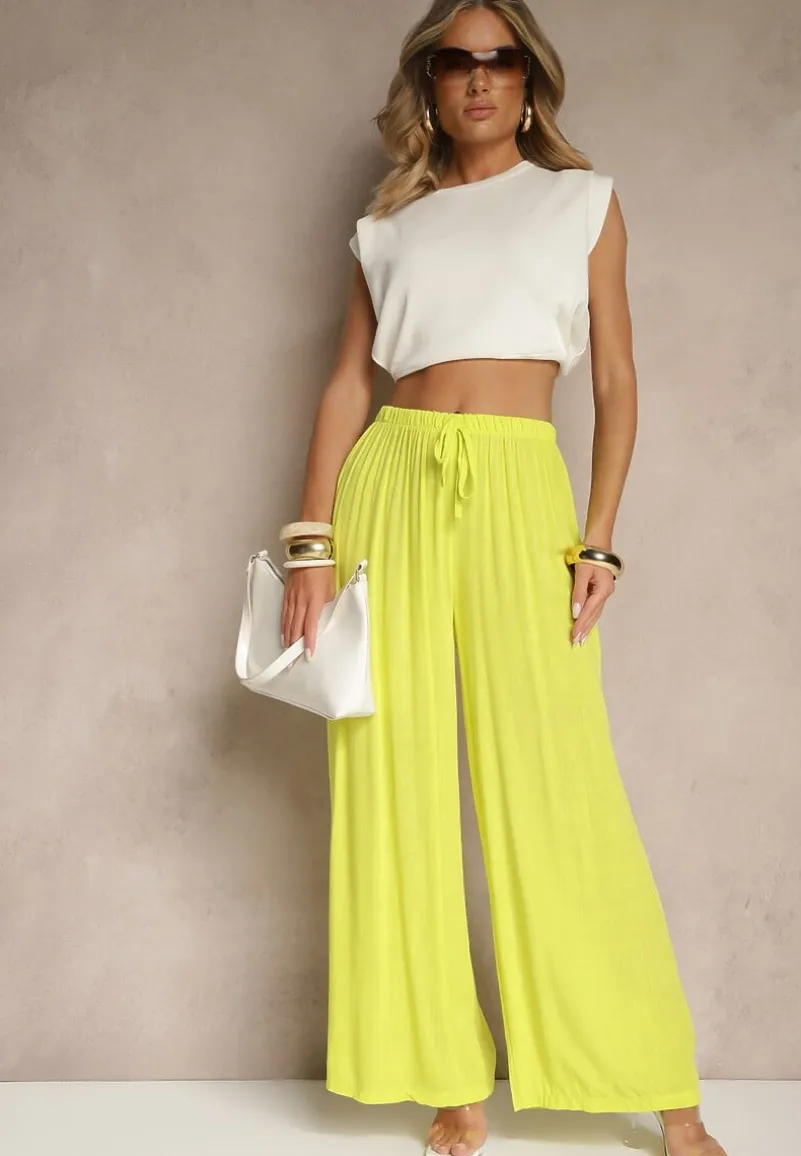 Żółte Szerokie Spodnie High Waist z Gumką w Talii Ilnena