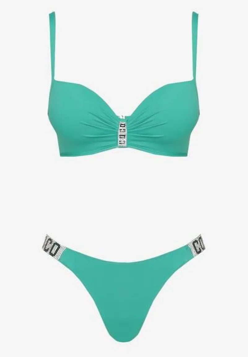 Zielone Bikini Biustonosz i Majtki Figi z Aplikacją z Cyrkoniami Nateria