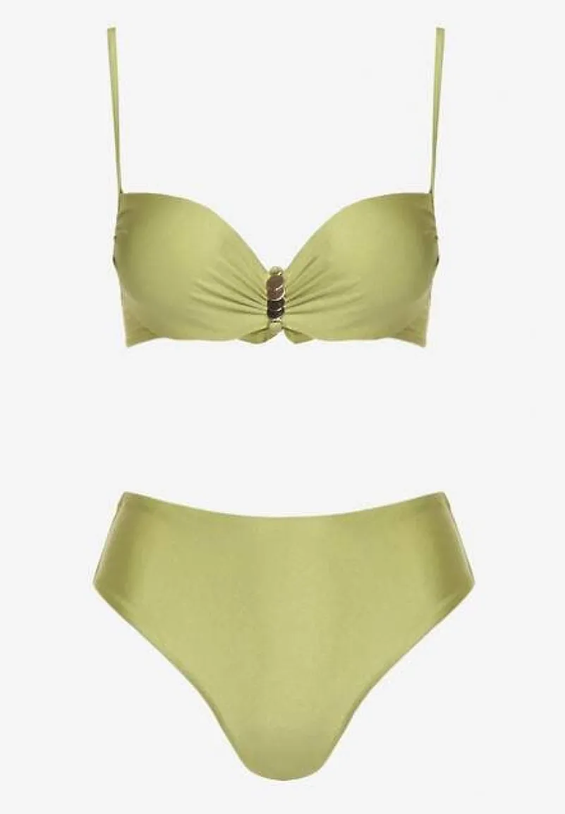 Zielone Bikini Majtki Figi i Biustonosz z Metaliczną Ozdobą Kinalenna
