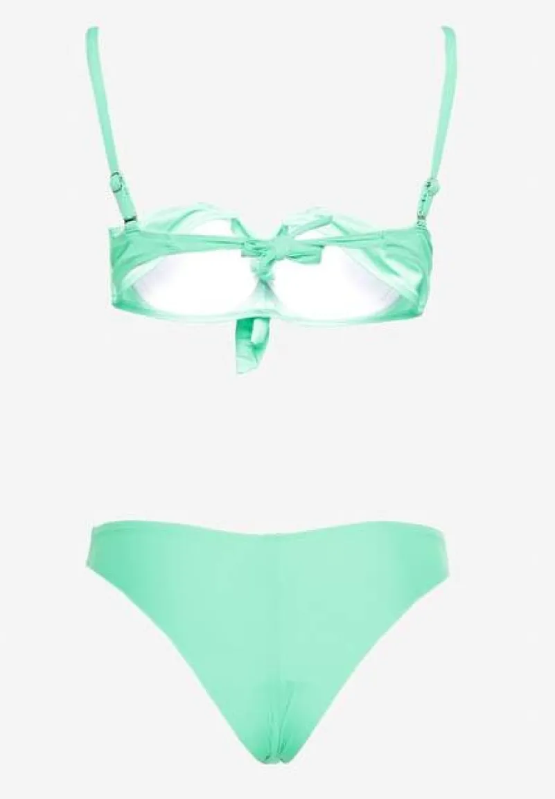 Zielone Bikini Majtki Figi i Usztywniany Biustonosz na Ramiączkach z Regulacją i Ozdobnym Wiązaniem Celiamarie