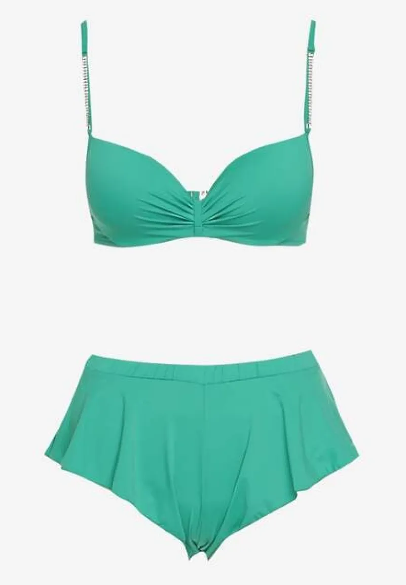 Zielone Bikini Usztywniany Biustonosz z Cyrkoniami i Spodenki Kąpielowe Wykończone Gumką w Pasie Rilamia