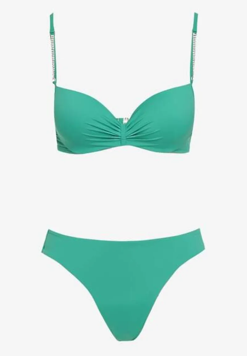 Zielone Bikini Usztywniany Biustonosz z Cyrkoniami i Spodenki Kąpielowe Wykończone Gumką w Pasie Rilamia