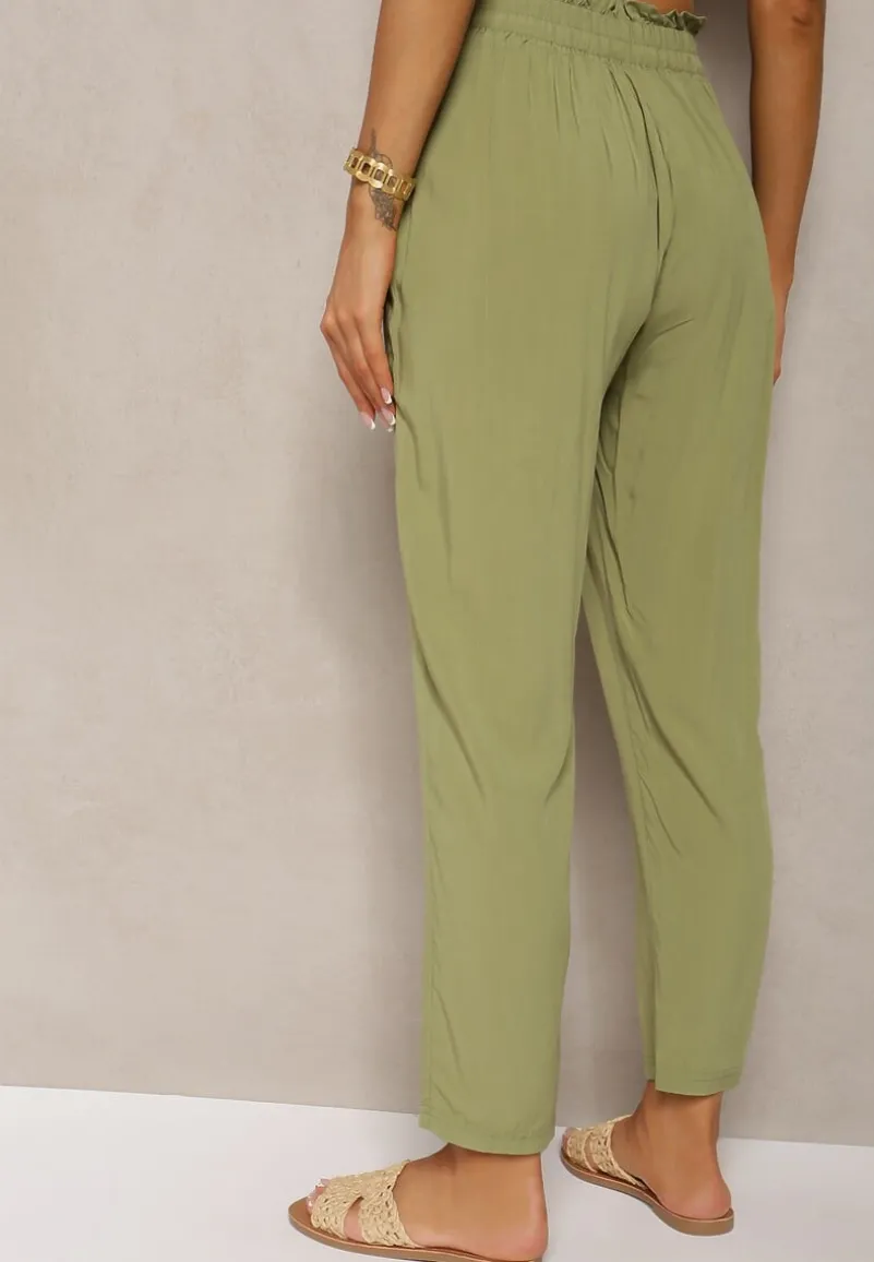Zielone Spodnie z Bawełny Typu Paper Bag High Waist z Gumką w Talii Kitanea