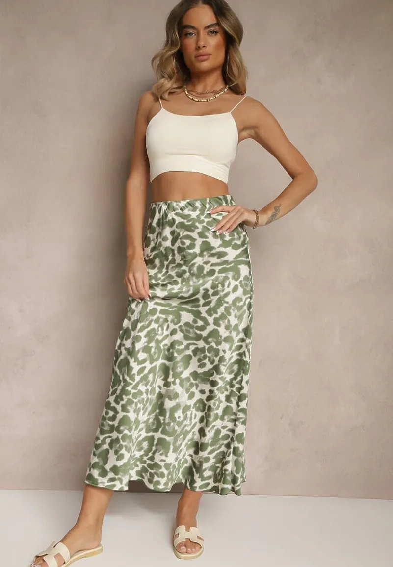 Zielono-Beżowa Panterkowa Spódnica z Wiskozy High Waist Fevirellea