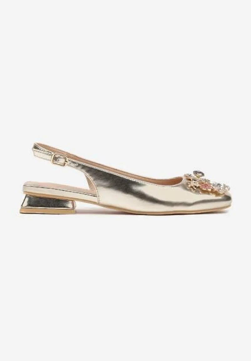 Złote Czółenka Slingback Vices z Cyrkoniami i Wkładką ze Skóry Eklina
