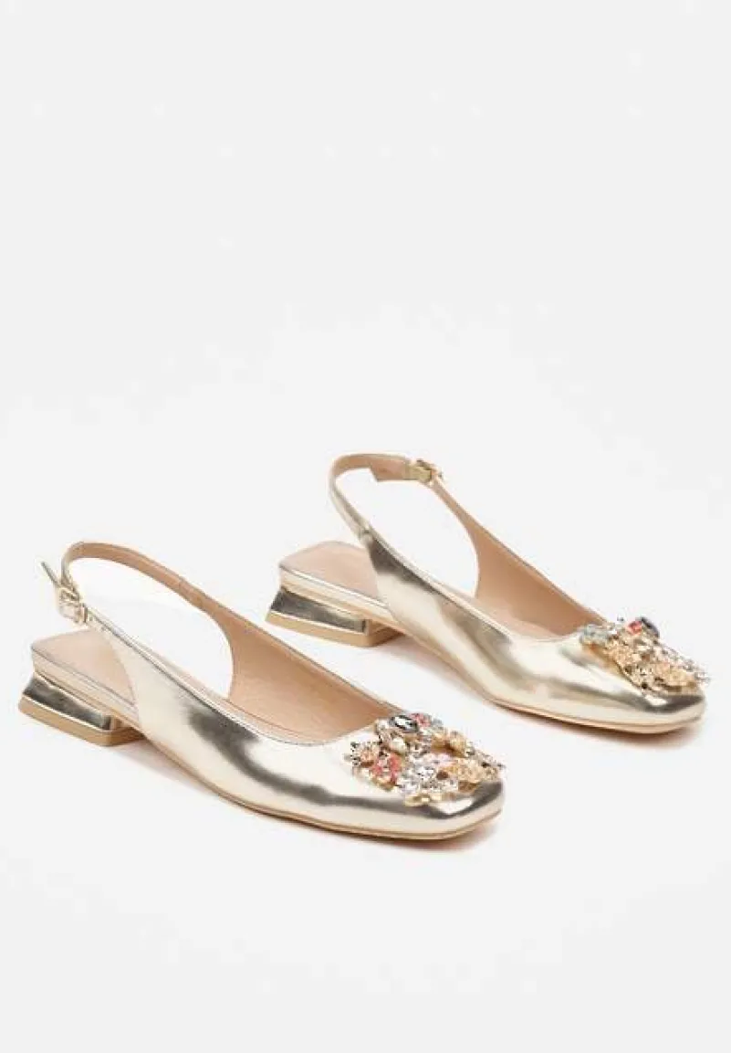 Złote Czółenka Slingback Vices z Cyrkoniami i Wkładką ze Skóry Eklina