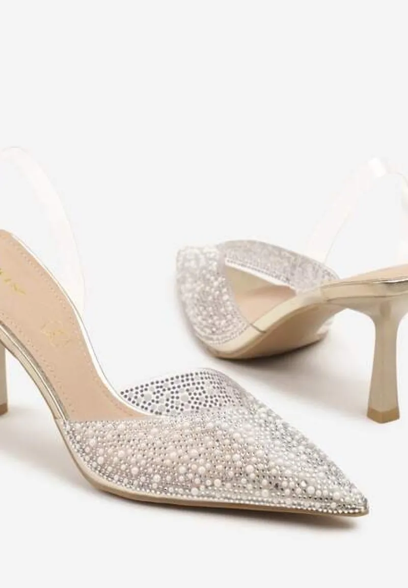 Złote Sandały Vices na Szpilce Slingback ze Skórzaną Wkładką i Cyrkoniami Ovifa