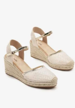 Złote Sandały w Stylu Espadryli z Plecionką i Siateczką Meranella