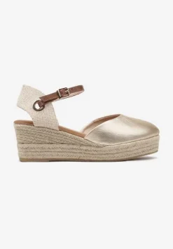 Złote Sandały z Plecionką na Koturnie w Stylu Espadryli Effilania