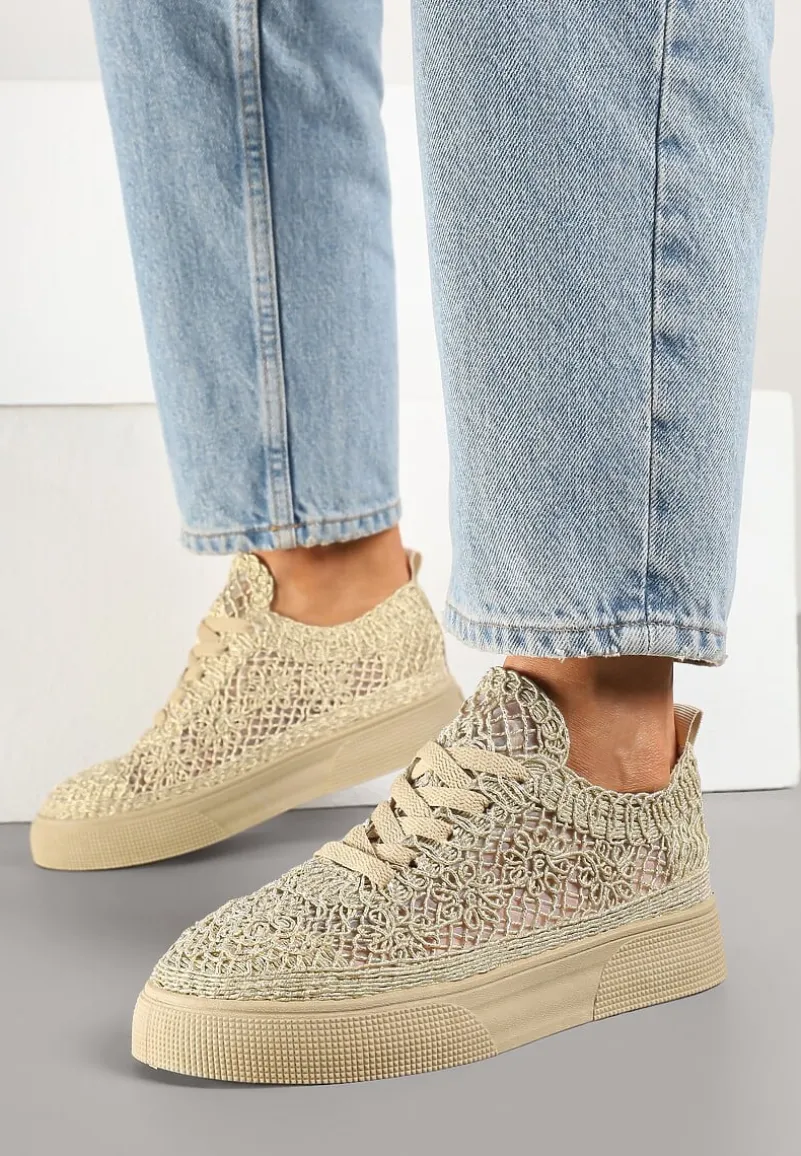 Złote Sneakersy z Ażurowej Koronki na Grubej Podeszwie Nanessia