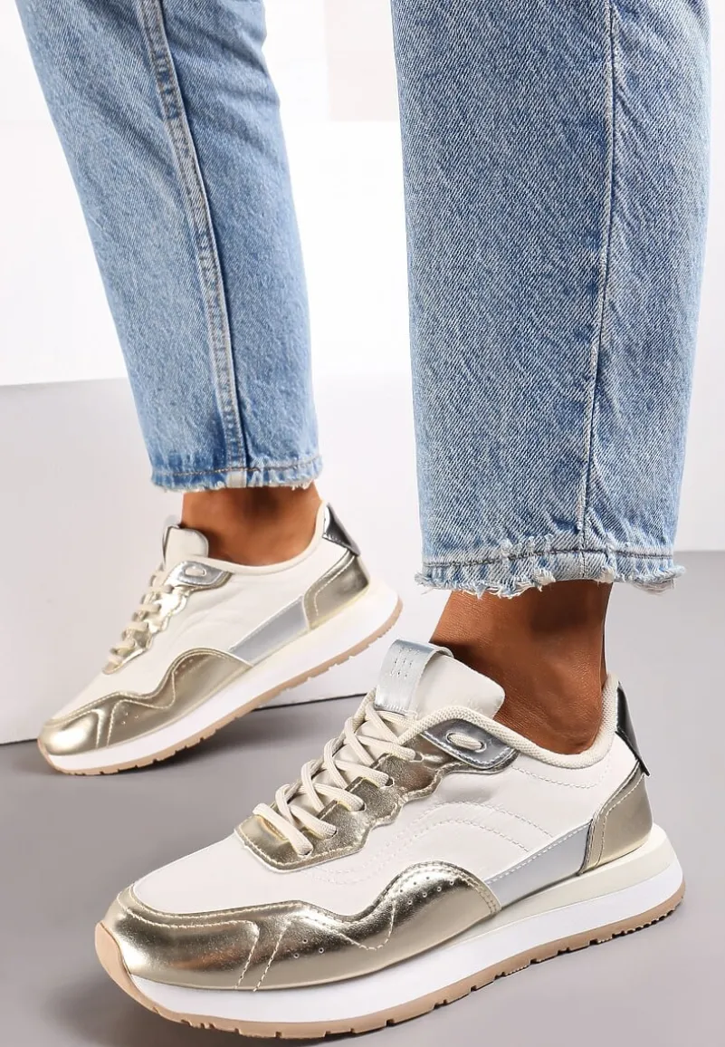 Złote Sneakersy Zdobione Wstawkami z Imitacji Skóry Fayela